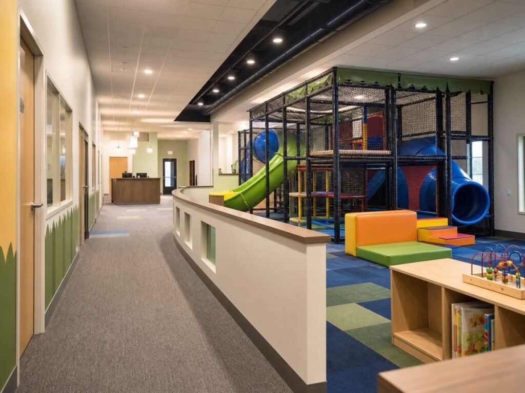 Kinderabteilung mit sichtbarem Check-in und einem Indoor-Spielplatz in der Nähe der Klassenzimmer