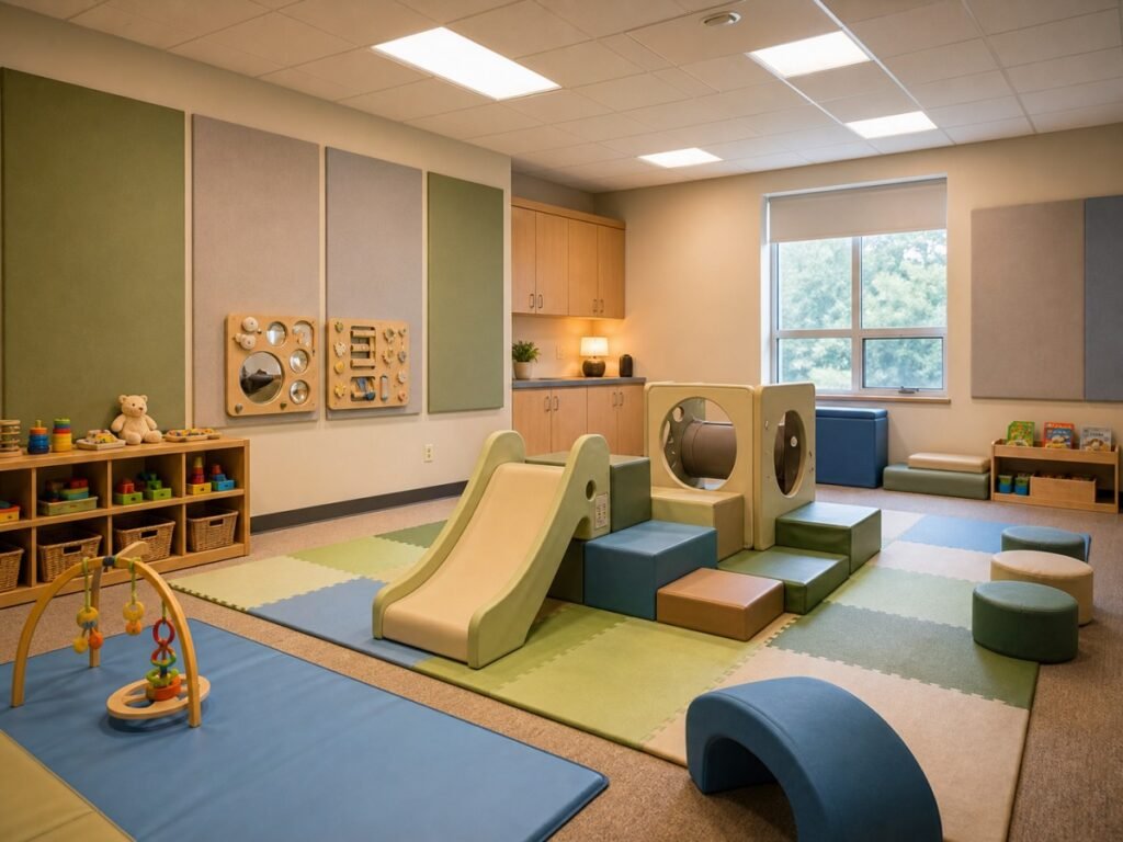 Ehemaliges Klassenzimmer in der Kirche, das zu einem Spielzimmer für Kleinkinder umgebaut wurde, mit kleinen Schaumstoffklettergeräten und sensorischen Tafeln
