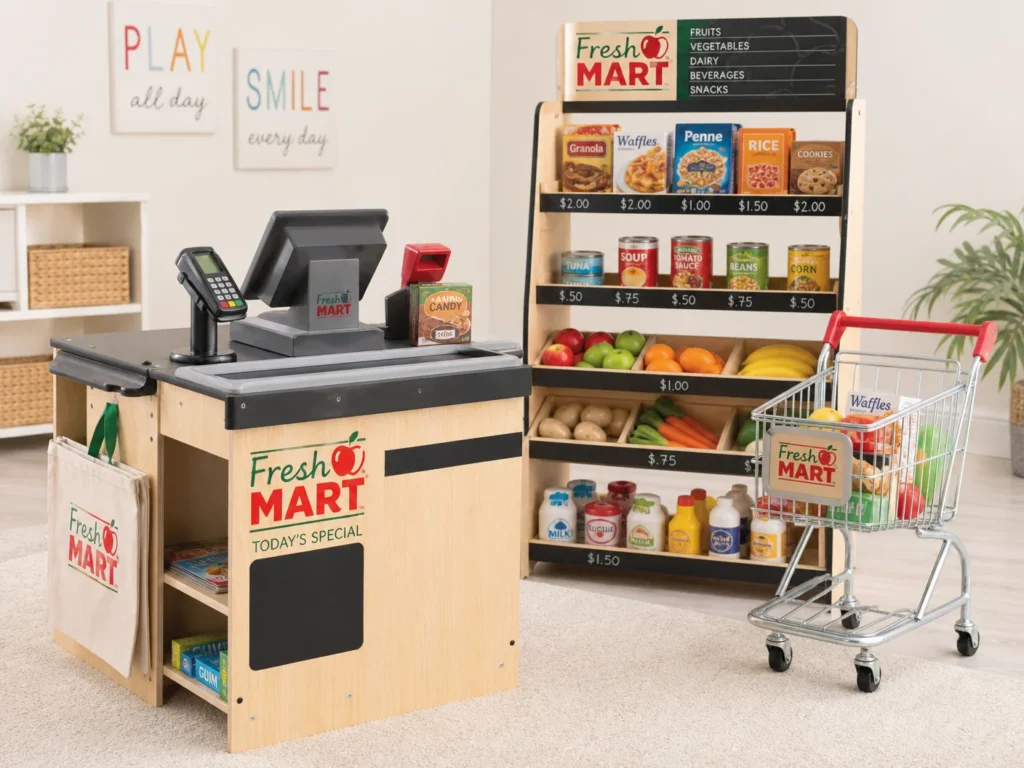 A clear, detailed product image of a commercial-grade wooden supermarket playset for kids.
