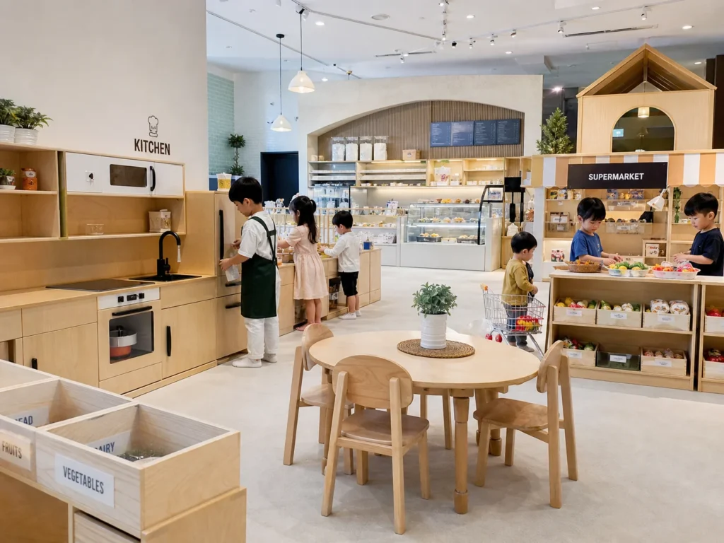 A real-world commercial scene of a busy and well-organized role play area in a modern play cafe.