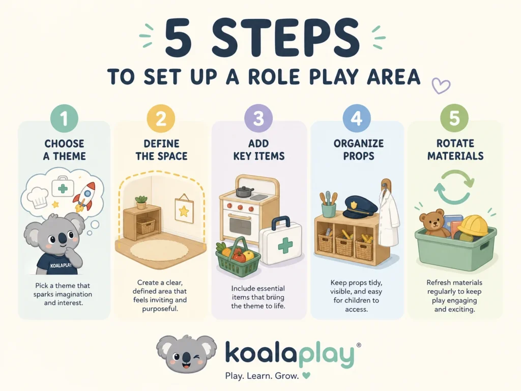 A clean, minimalist cartoon infographic showing the 5 steps to set up a role play area.