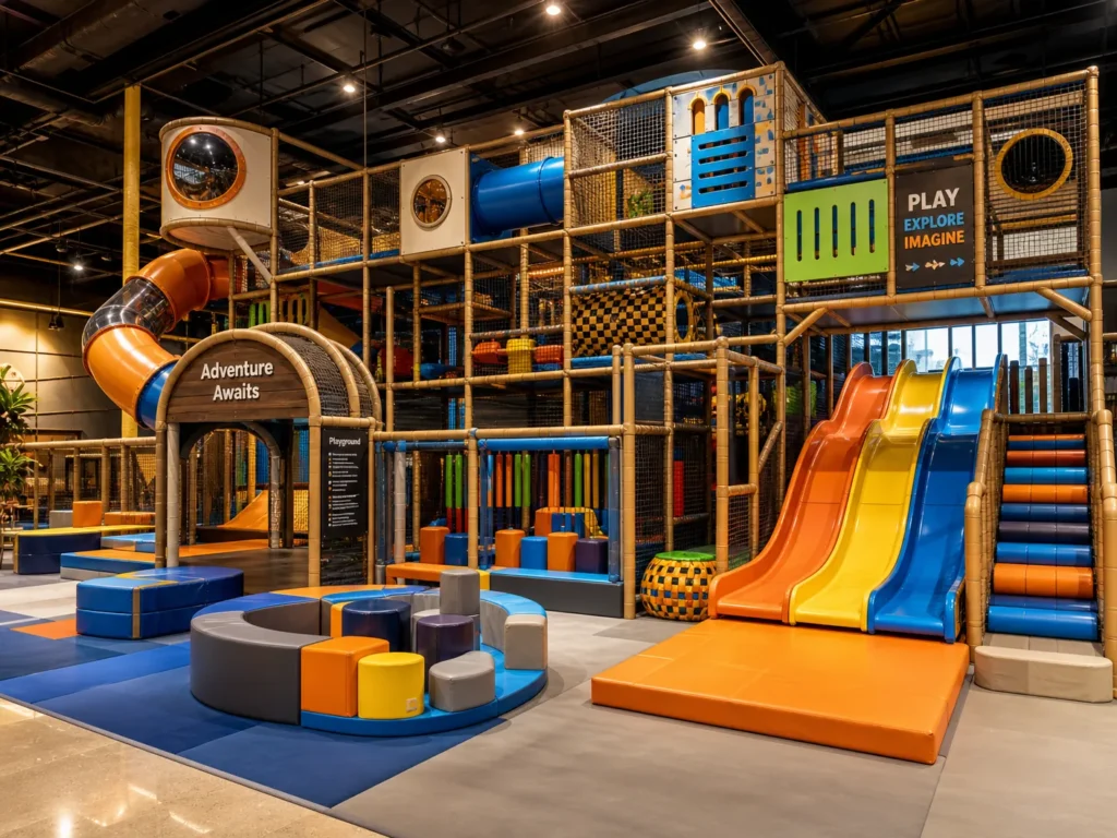 Real-world commercial scene of a large multi-level indoor soft play system