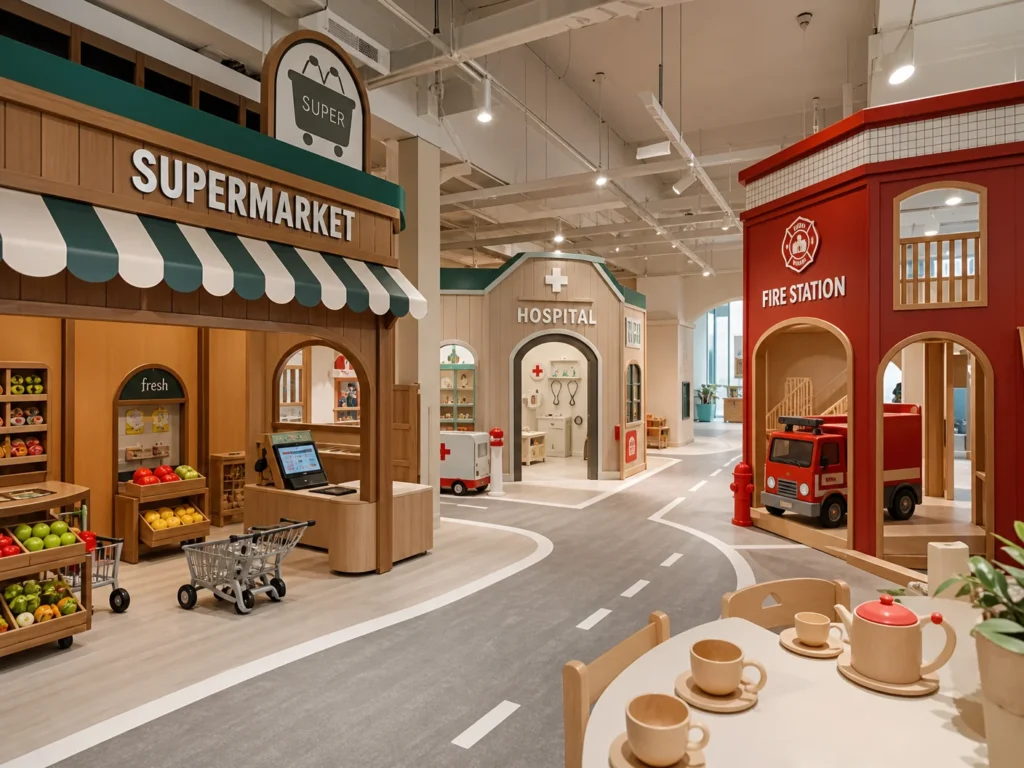 Children's role-play village inside an indoor playground