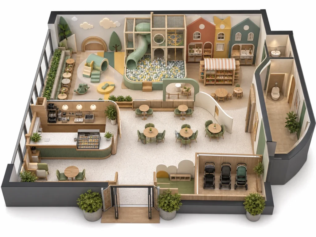 3D floor plan of an indoor playground cafe showing cafe counter, parent seating, toddler zone, role play corner, and stroller parking