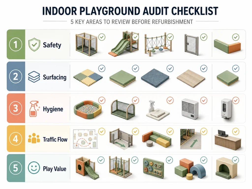 Checkliste für die Überprüfung der Sanierung von Indoor-Spielplätzen auf Sicherheit, Hygiene, Verkehrsfluss und Zustand des Themas