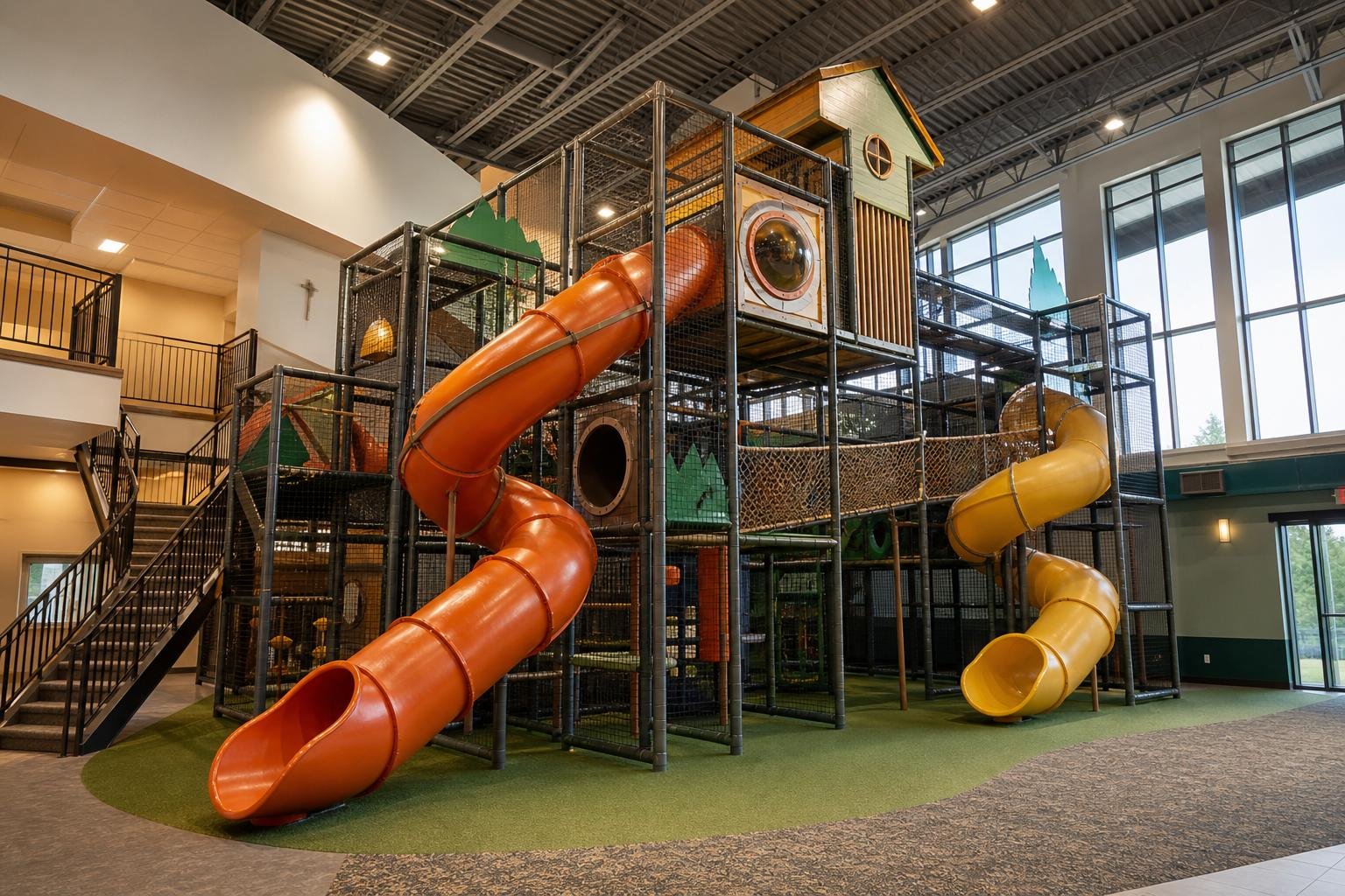 Multi-level indoor playground structure for a church family center