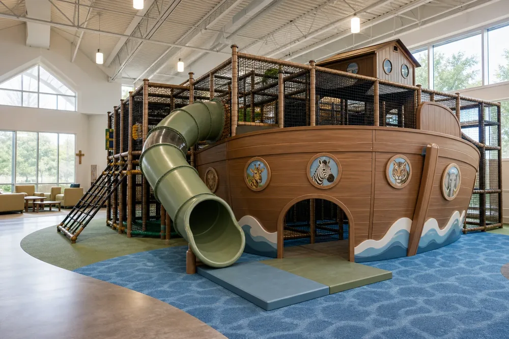 A detailed Noah's Ark multi-level play structure with slides and climbing panels
