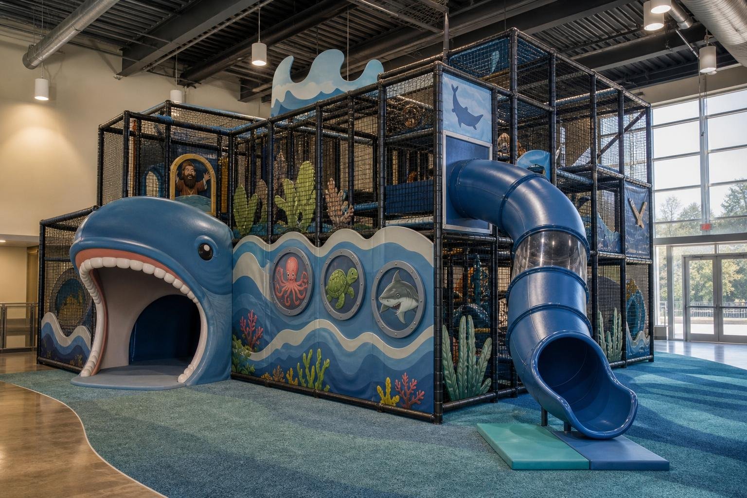Ocean and Jonah themed indoor playground with whale slide feature
