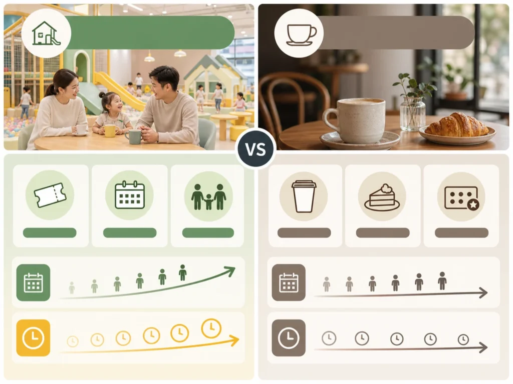 Infographic comparing play cafe membership pricing with normal cafe spending