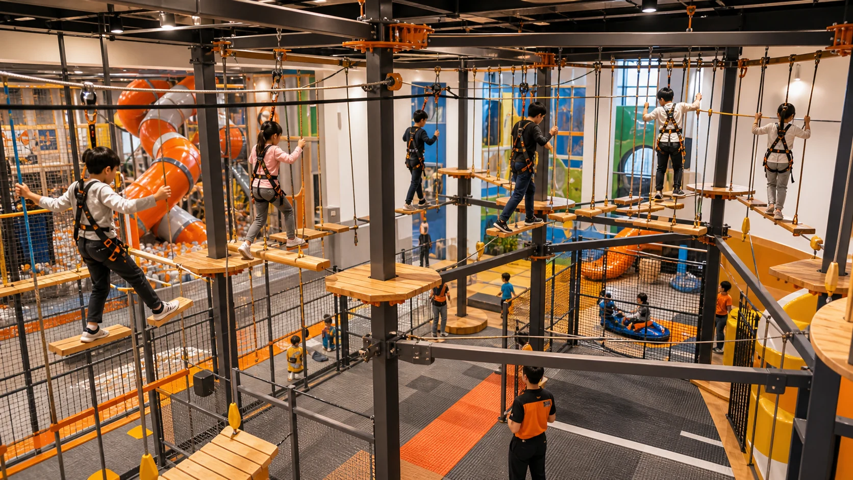 Children wearing safety harnesses crossing an elevated indoor rope course inside a family entertainment center