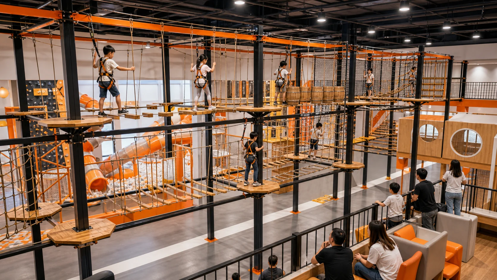 Elevated indoor rope course layout with platforms, rope bridges, balance elements, and parent viewing area