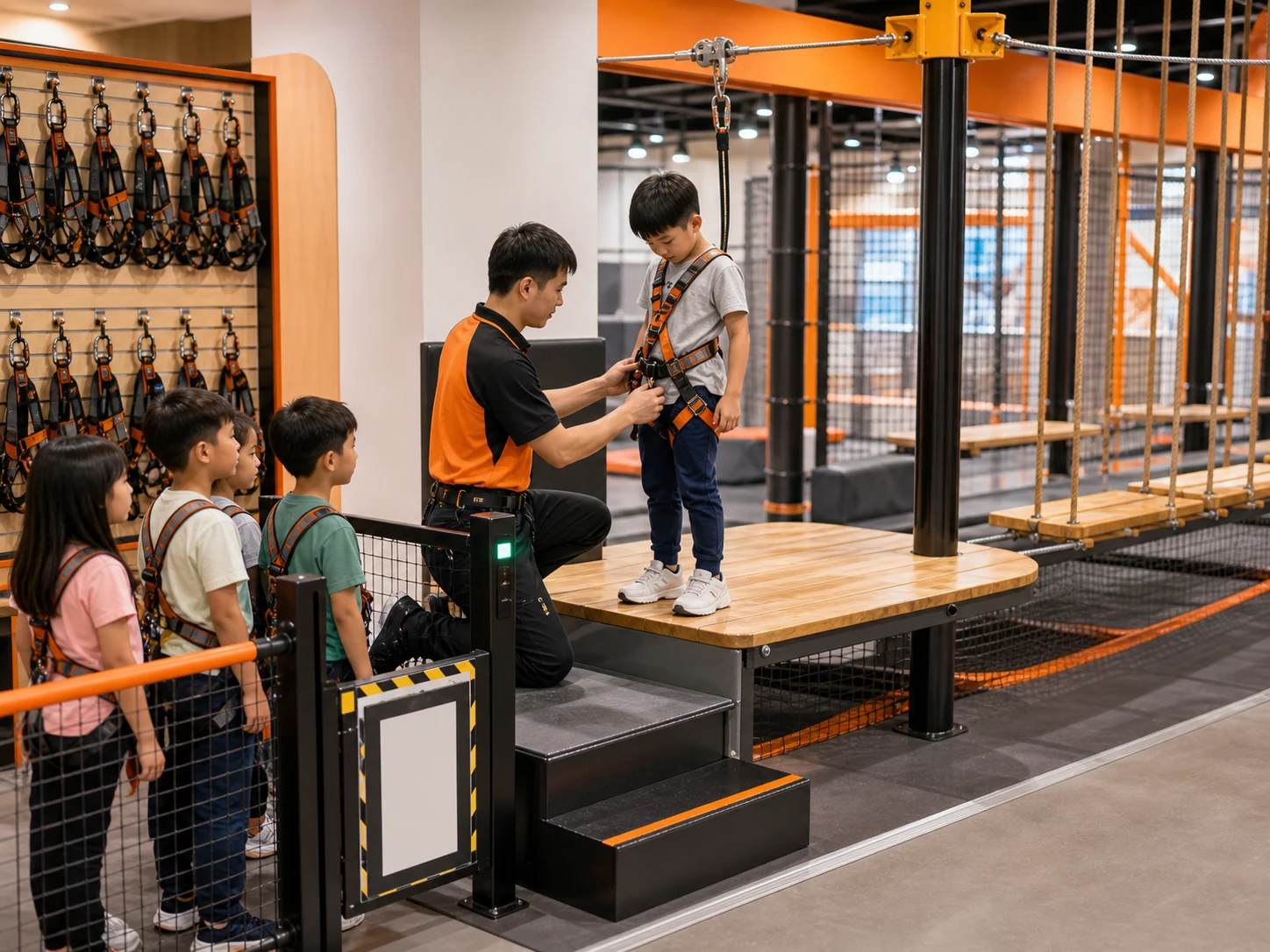Staff member checking a child safety harness before entering an indoor rope course attraction