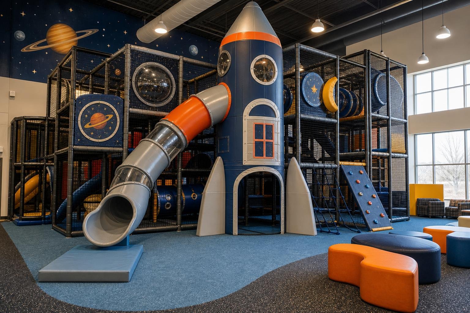 Space and Stars themed indoor playground for church youth ministry spaces