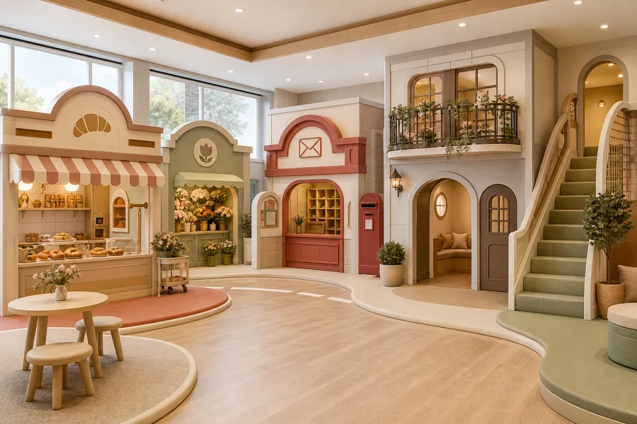 A calm and elegant mini street for younger children and family play cafes. The storefronts use curved awnings, arched doors, balcony rails, and soft rounded platforms to create a charming city feeling without making the space visually busy.