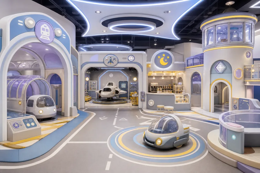 A clean futuristic mini city using glowing circular ceiling lines, capsule-style storefronts, and small vehicle props. The design feels high-tech but still gentle enough for children, with rounded geometry replacing sharp industrial forms.