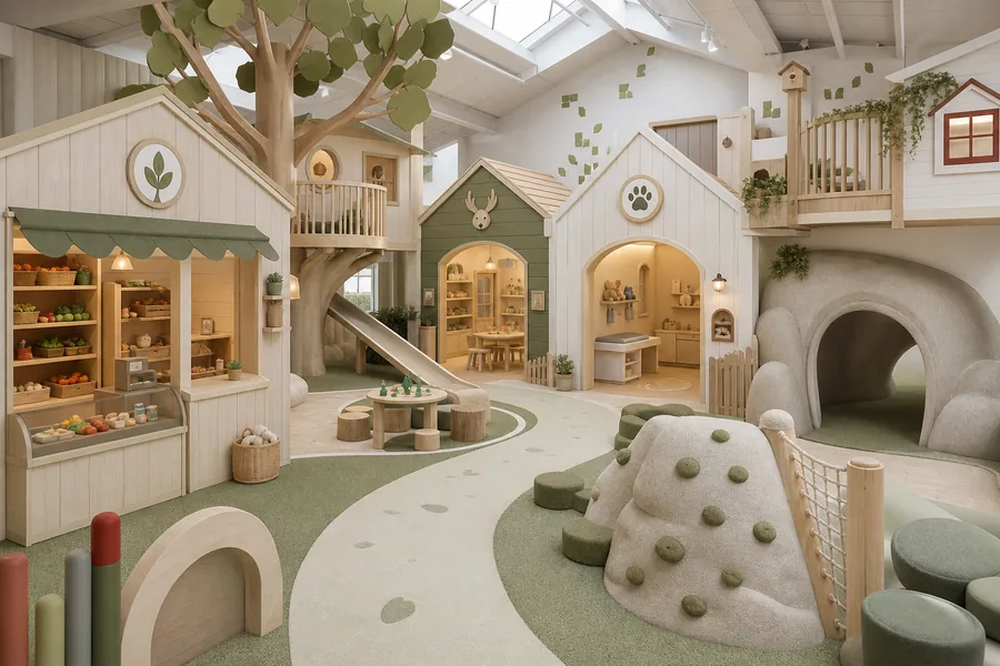 A nature-led mini city that blends house facades with tree forms, soft rocks, slides, and crawl spaces. It keeps the layout quiet and organic while giving children multiple pretend-play and movement choices.