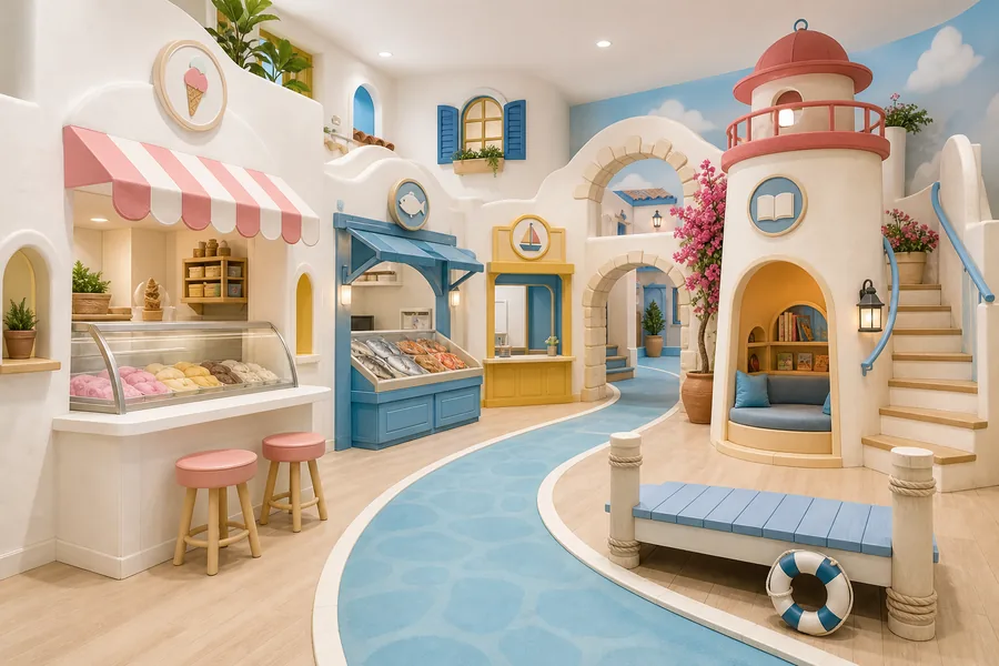 A bright vacation-style city scene with curved plaster facades, blue canal-like flooring, striped awnings, and a lighthouse reading nook. The design creates a strong destination feeling while staying soft and child-safe.