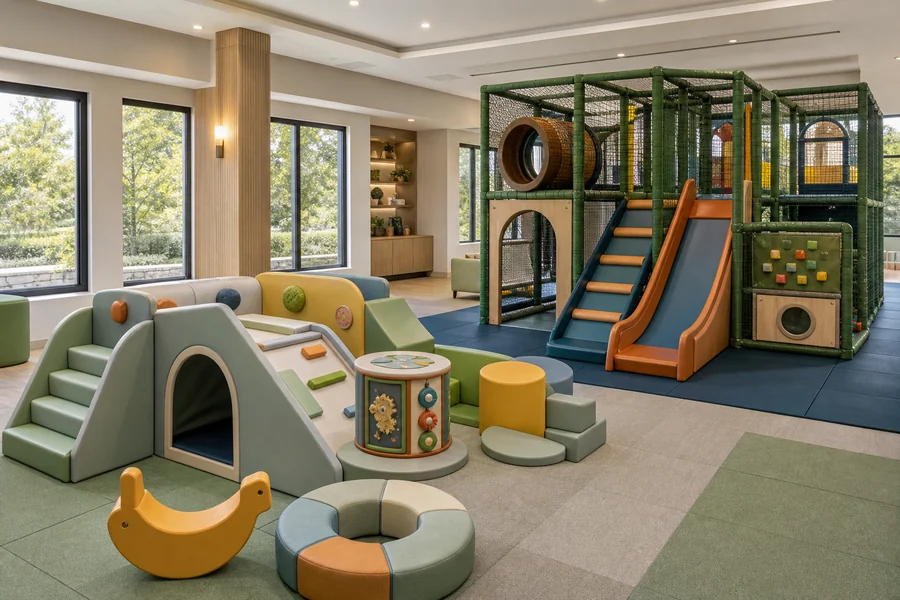 Age-zoned indoor playground equipment with toddler soft play and a multi-level climbing structure