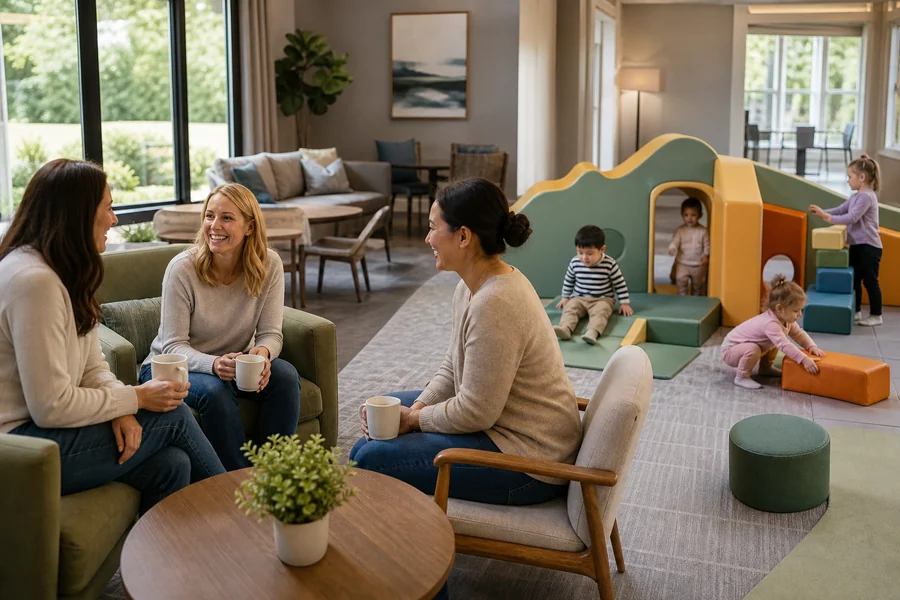 Parents socializing in an HOA clubhouse while children play in the indoor play area