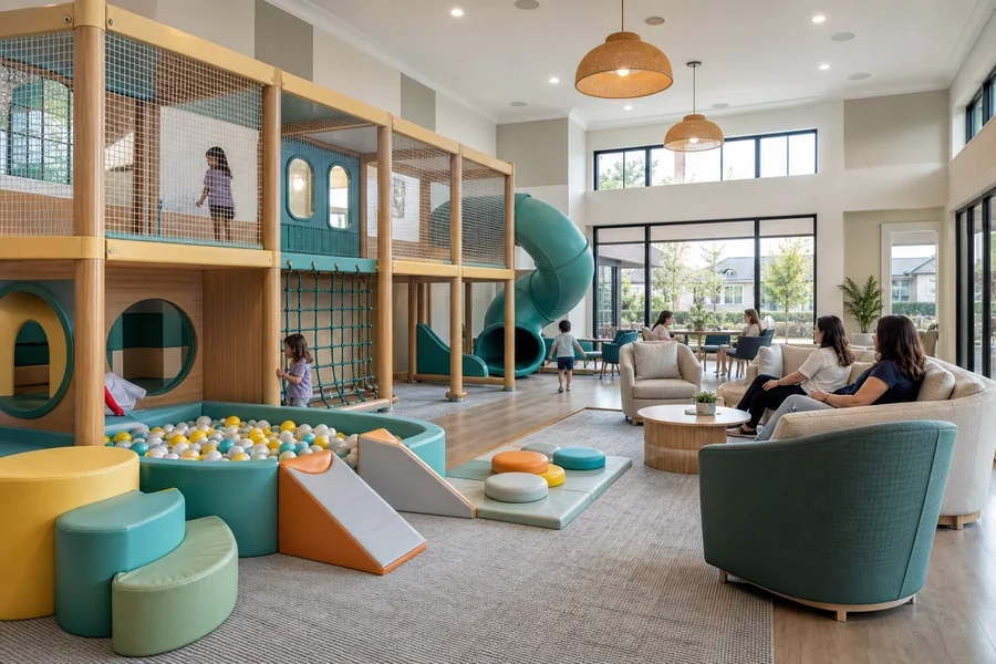 Indoor playground in an HOA community clubhouse with soft play equipment and parent seating