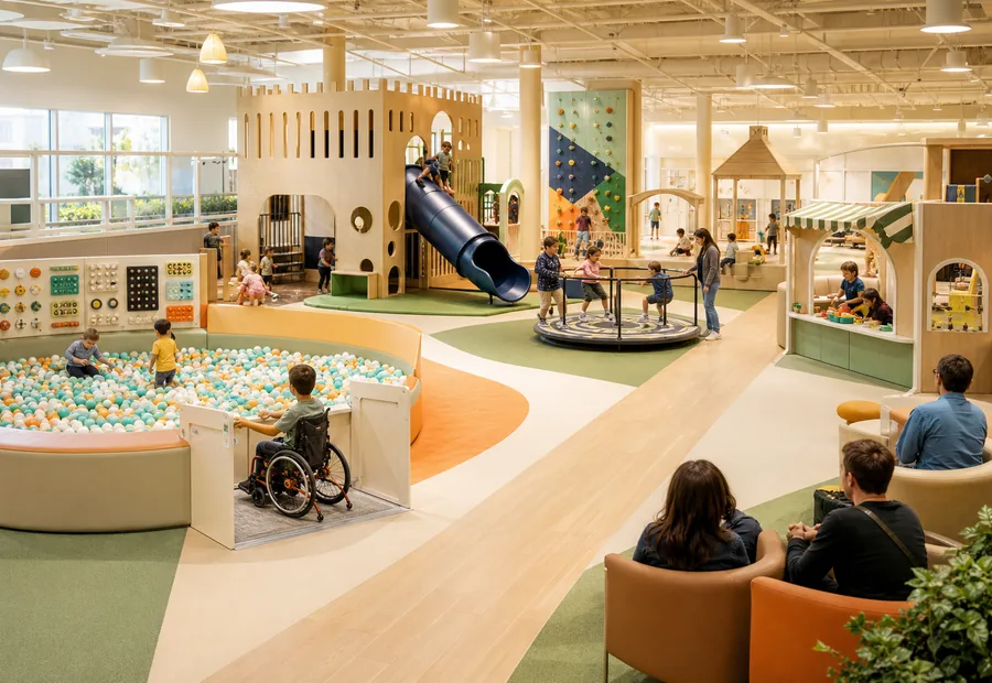 Centro de ocio familiar inclusivo con zonas de juego cubiertas para niños de distintos niveles de capacidad