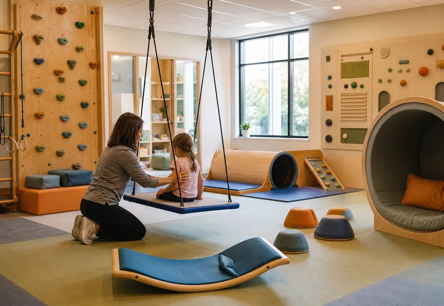 Clínica de terapia ocupacional pediátrica con gimnasio sensorial integrado y equipamiento terapéutico de juegos de interior