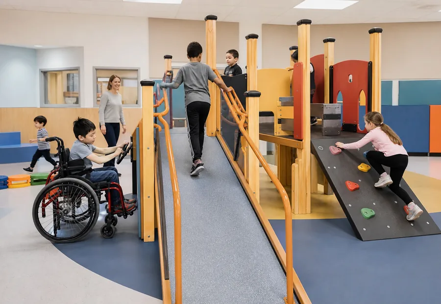 Zona de recreo interior de un colegio de educación especial con una estructura de juegos dotada de rampa de acceso