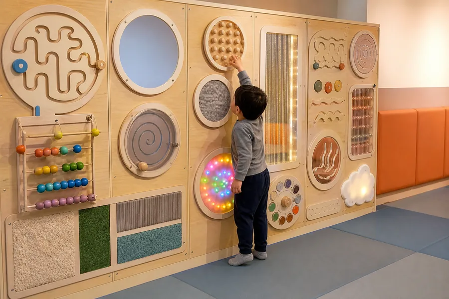 Panel mural sensorial interactivo con texturas táctiles y elementos lúdicos visuales