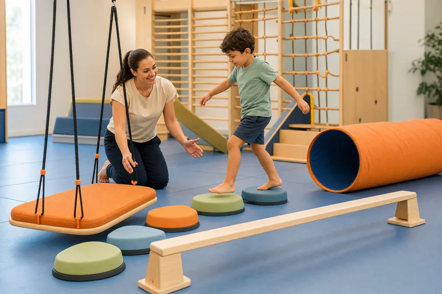 Equipamiento de juego de interior para el desarrollo vestibular y propioceptivo, con columpio de plataforma y elementos de equilibrio