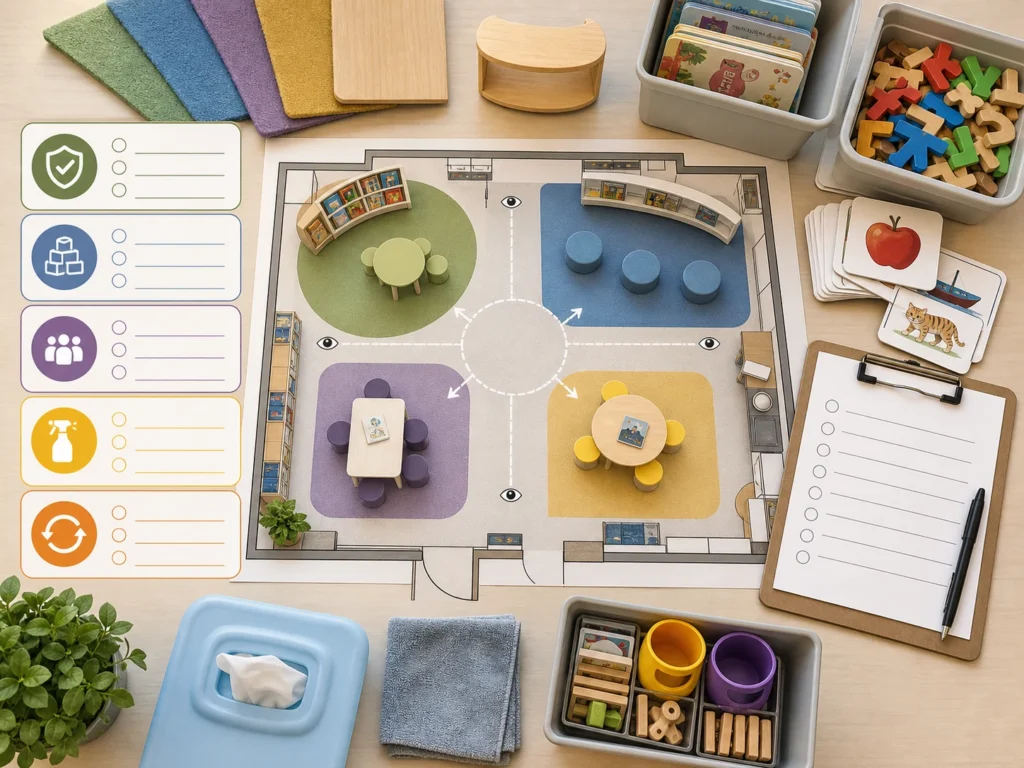 Planungstafel für Lese- und Schreibstationen in Kindergärten mit Elementen zu weichen Bodenbelägen, Aufbewahrung, Beaufsichtigung, Reinigung und Checkliste für die Wiederherstellung