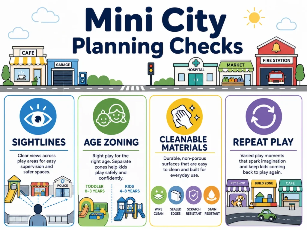 Poster-style mini city planning checks infographic for sightlines, age zoning, cleanable materials, and repeat play