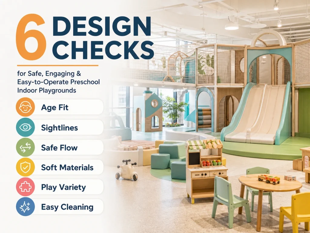 preschool indoor playground design checklist with age fit, sightlines, safe flow, soft materials, play variety, and easy cleaning