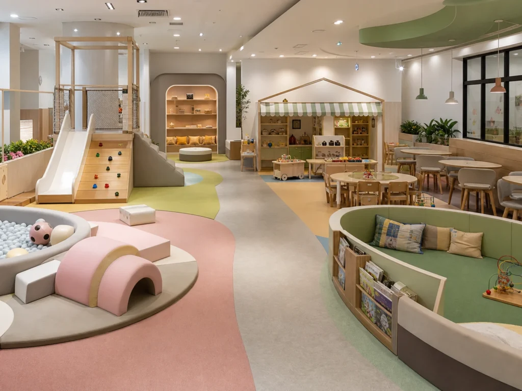 Realistic preschool indoor playground scene with separate toddler soft play, low active play, pretend play, parent seating, and clear circulation
