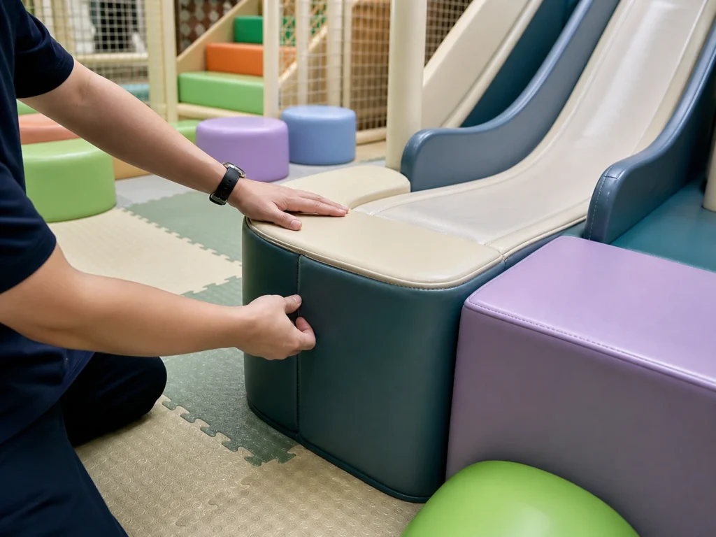 Close-up material quality inspection for a preschool indoor playground with padded flooring, rounded soft play edges, and cleanable seams