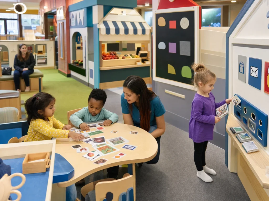 Vorschulkinder, die in einer Lese- und Schreibzone in Form einer Mini-Stadt Bildkarten und Requisiten für Rollenspiele verwenden