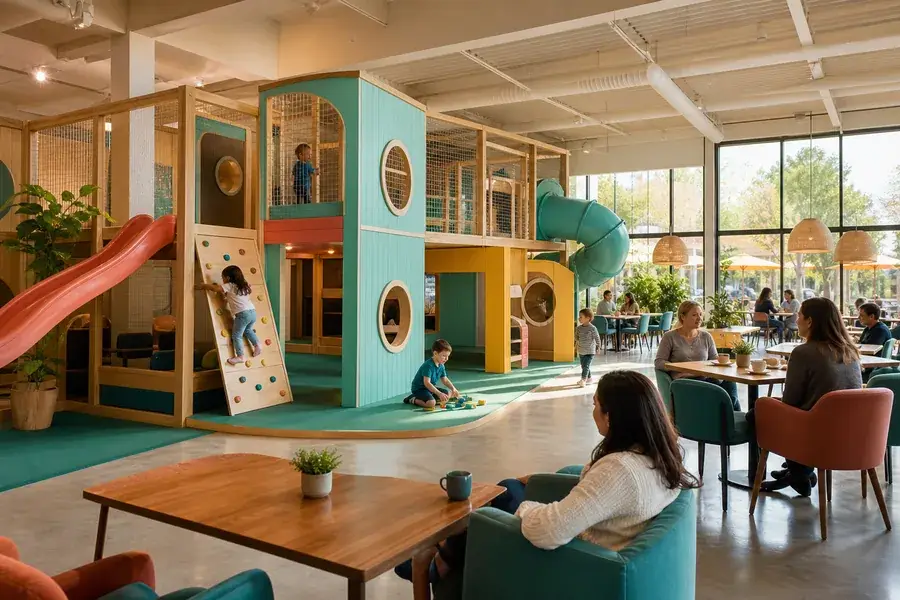 Adding a playground to your business with children playing while parents relax nearby