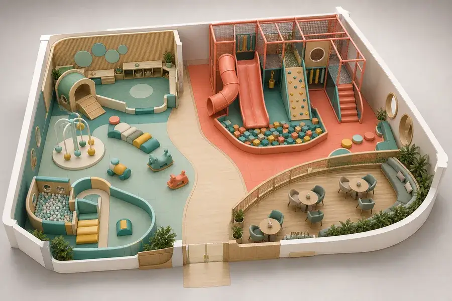 Floor plan diagram showing toddler zone, active play, and parent seating with clear sightlines
