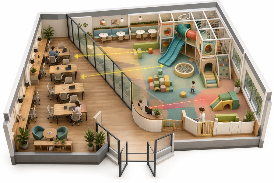 Floor plan diagram showing a separated coworking zone, glass partition, and supervised play area with sightlines