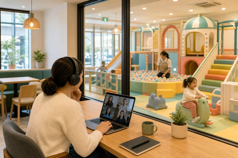 A remote-working parent on a video call while a child plays within sightline in a themed play zone