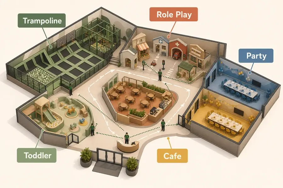 Isometric FEC layout diagram showing trampoline, toddler, role-play, cafe, and party zones