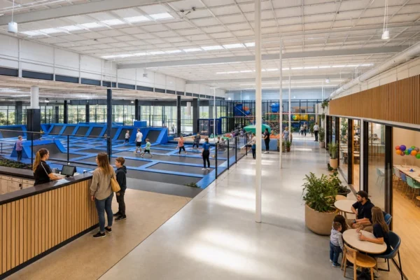 Commercial trampoline park with a main court, toddler zone, reception, party rooms, and cafe seating