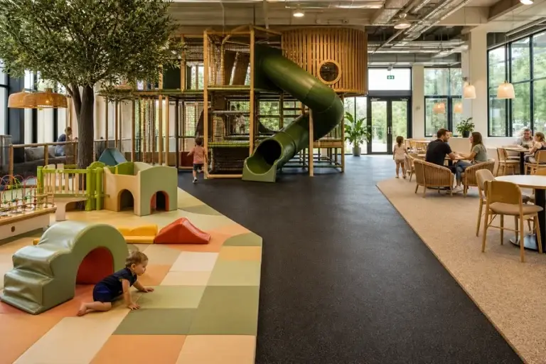 Kommerzieller Indoor-Spielplatz mit Schaumstoffpolsterung, Gummibodenbelag und mit Teppich ausgelegten Ruhebereichen