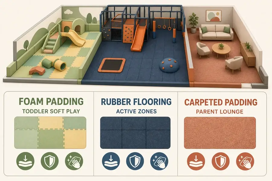 Indoor playground flooring zone guide comparing foam padding, rubber flooring, and carpeted padding