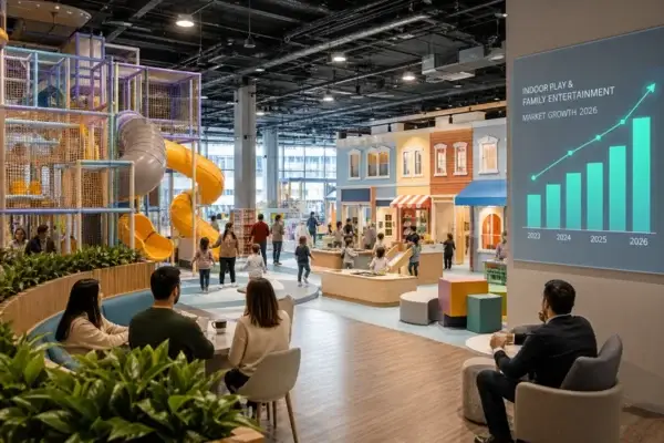 Moderno parque infantil cubierto y cafetería-parque infantil que reflejan las tendencias de crecimiento del sector para 2026 y 2027