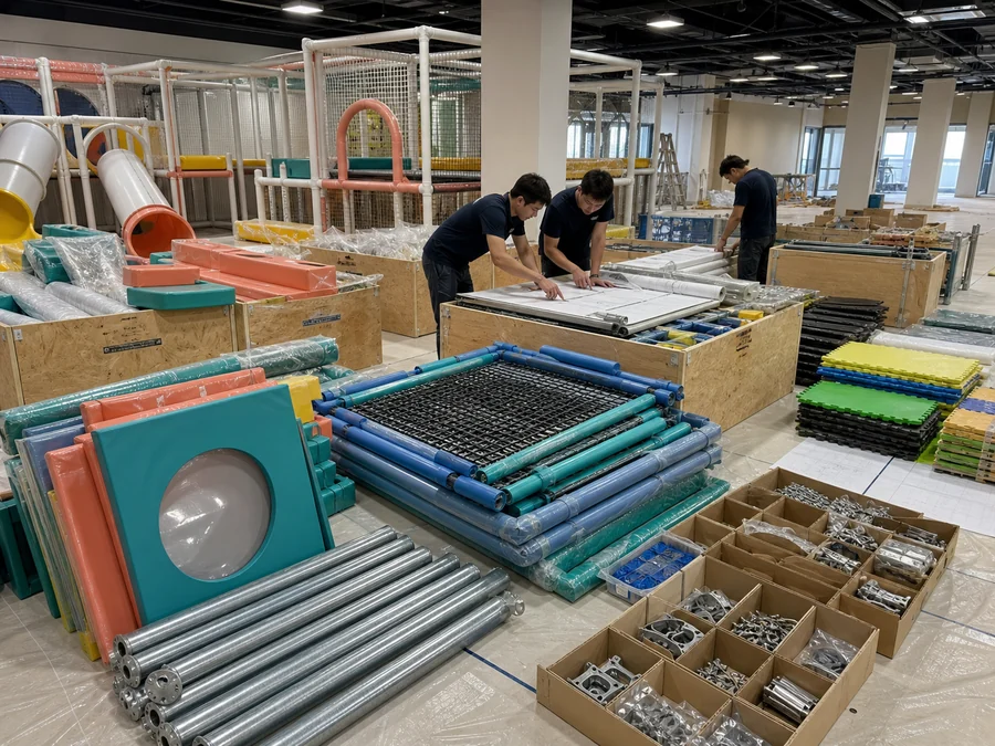 Indoor playground installation preparation with equipment parts and drawings on site