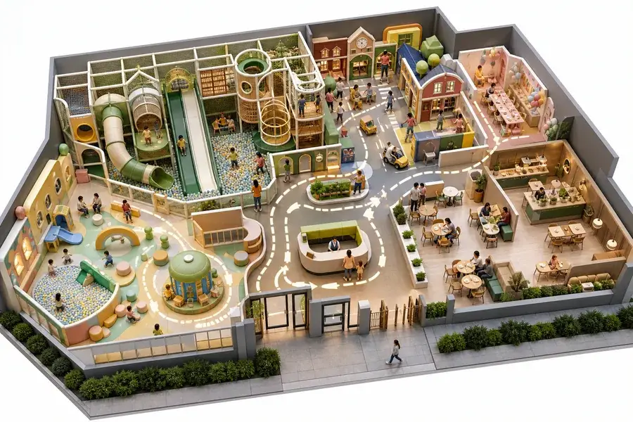 Indoor playground layout planning with age zoning parent sightlines cafe seating and birthday room flow