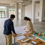 Indoor playground location inspection with owners reviewing floor plans in an empty commercial space