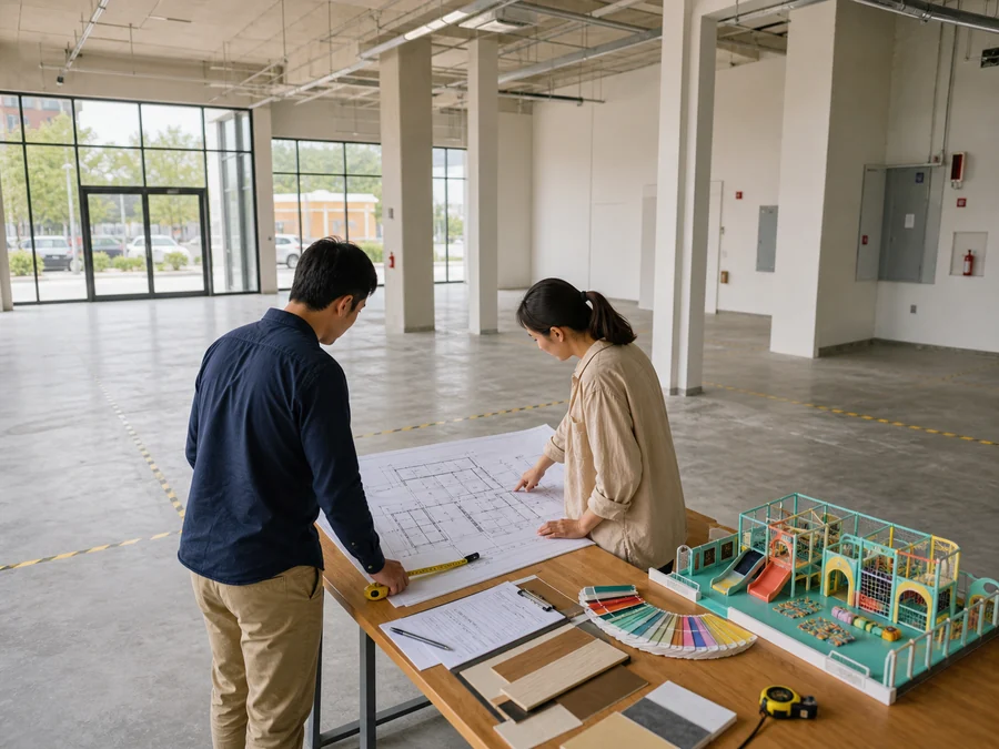 Indoor playground location inspection with owners reviewing floor plans in an empty commercial space