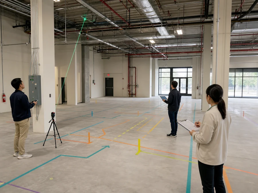 Indoor playground site survey checklist with measurement tools and floor markings
