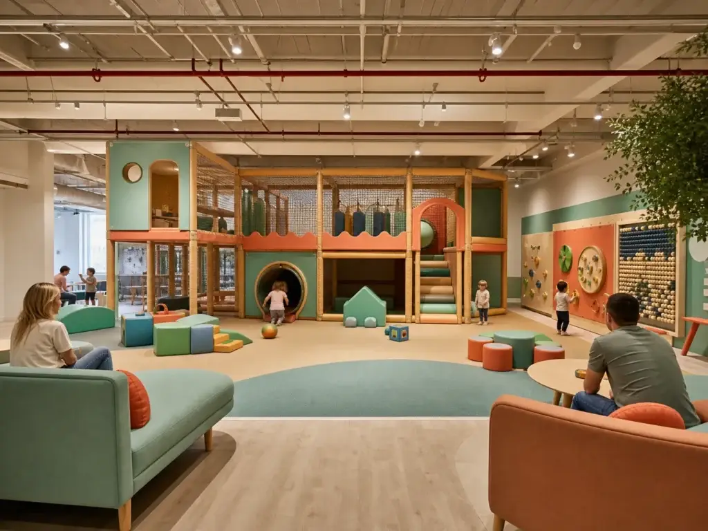 Low-ceiling indoor playground design with compact soft play, toddler zone, parent seating, and visible ceiling beams